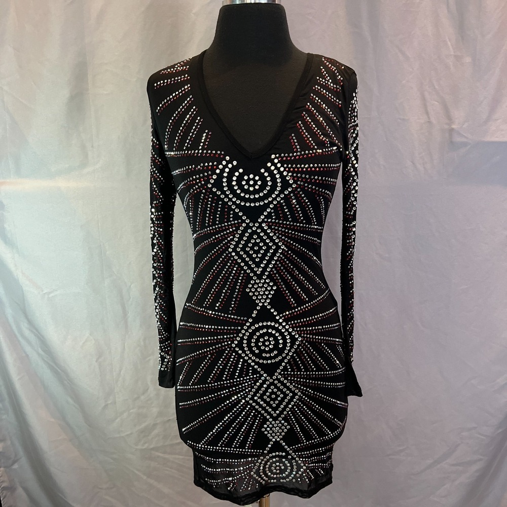 SJL Apparel Bodycon Dress Womens S Black Rhinestones Embellished Party Cocktail
